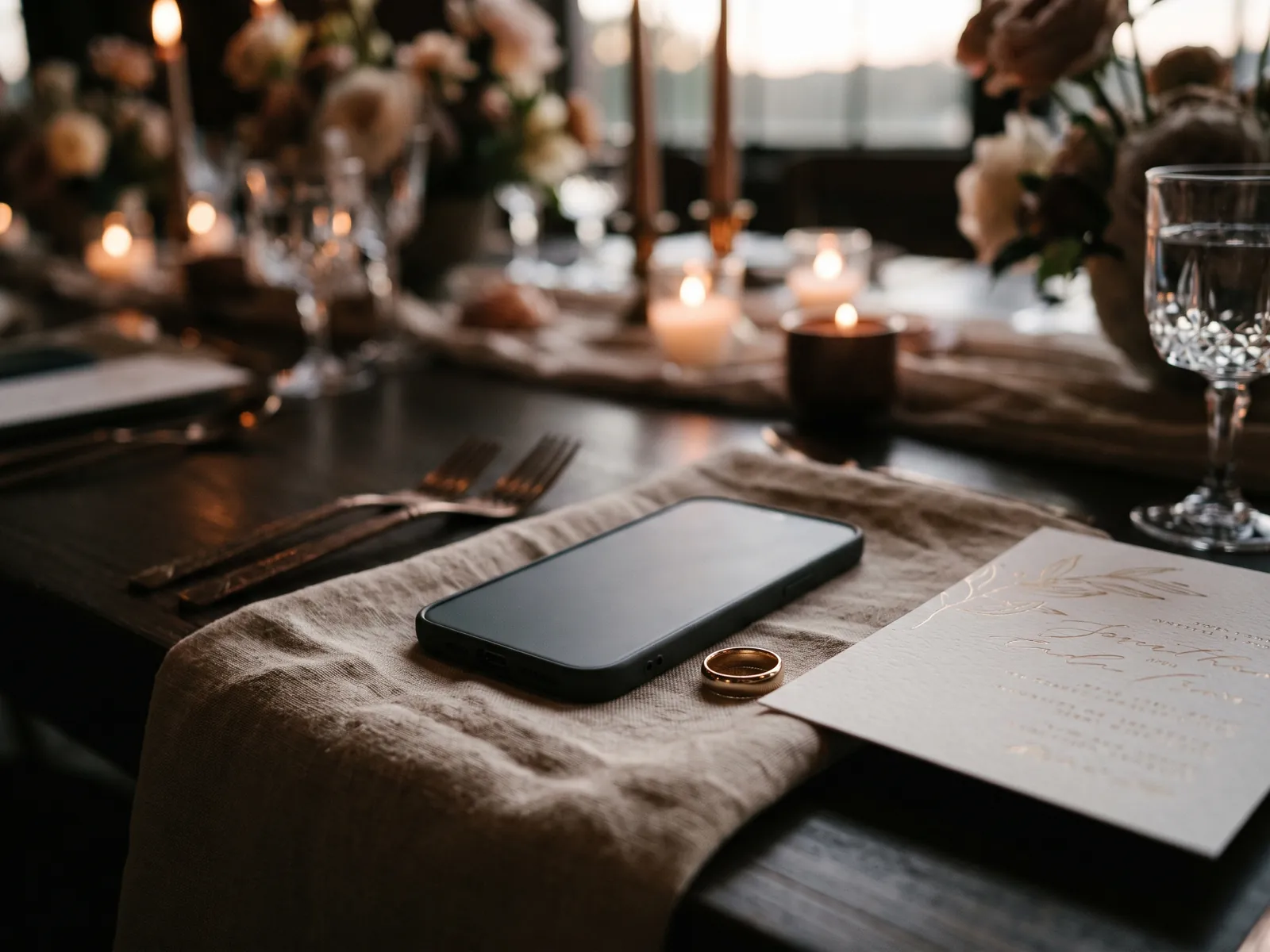 Candlelit wedding table with a phone, a ring and an invitation